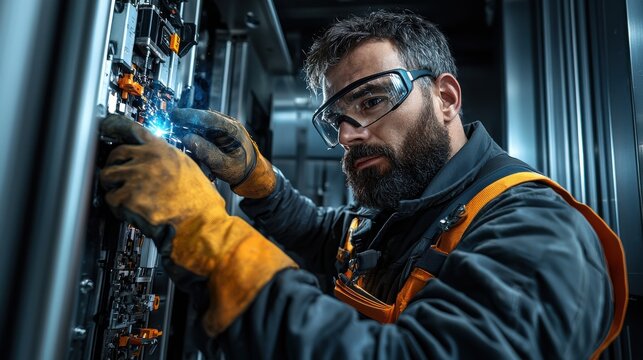 A man in a safety vest is working on a piece of equipment