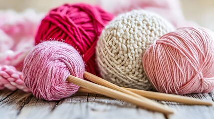 Colorful Yarn Balls and Knitting Needles on a Wooden Surface in a Cozy Crafting Environment