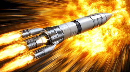 Rocket Launching Into Space With Explosive Flames and Bright Fire Trails