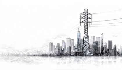 Urban skyline with a power line tower highlighting the contrast between nature and city landscape in monochrome illustration