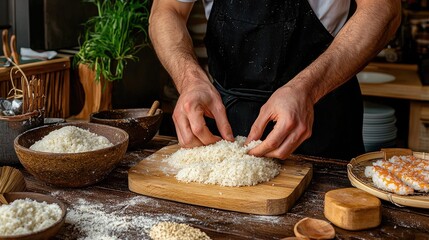 Hands of a sushi chef pressing rice and fish together, showcasing traditional techniques. -