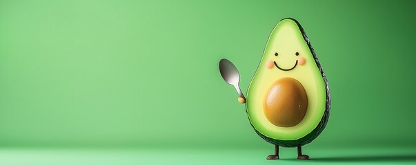 Funny avocado emoji holding a spoon on a soft green background