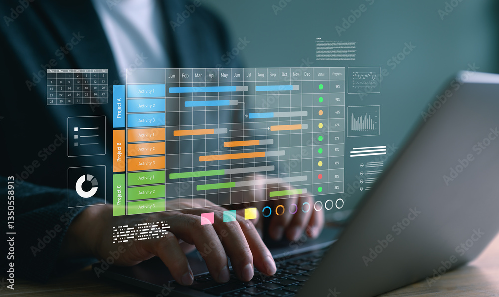 Leinwandbilder Project manager work with Gantt chart schedule, plan tasks and deliverables. Scheduling activities to do list, KPI dashboard, representing corporate efficiency, productivity, and timeline tracking.