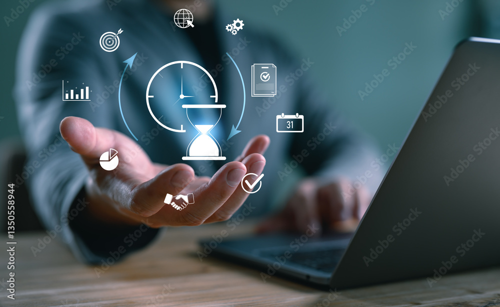 Poster time management and productivity tools. business professional show icon clock and productivity tools