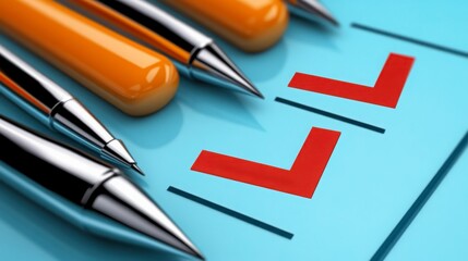 Stationery Arrangement with Pens and Checklist on a Blue Surface