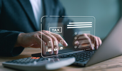 Digital tax checklist that shows electronic and online tax filing. Calculation tax return. Tax planning services to maximize tax savings, optimize business finances provided knowledgeable financial.