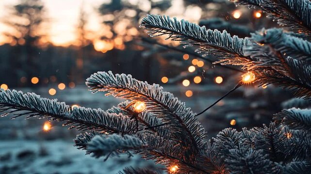 Enchanting Winter Scene: Close-up of a Frosted Christmas Tree with Glowing Lights