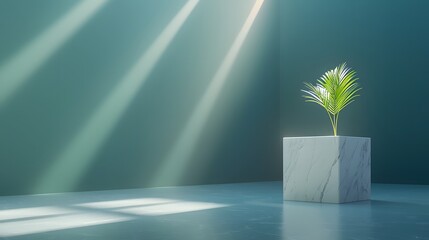 Minimalist Interior Space with a Single Green Plant in a Concrete Pot Illuminated by Natural Light