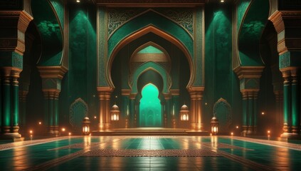 Obraz premium Luxurious islamic golden background. Elegant mosque background. Green islamic golden ceremony award stage venue background. 