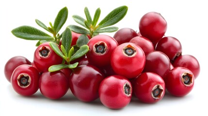 Fresh, Vibrant Red Berries Piled Together with Green Leaves on White Background