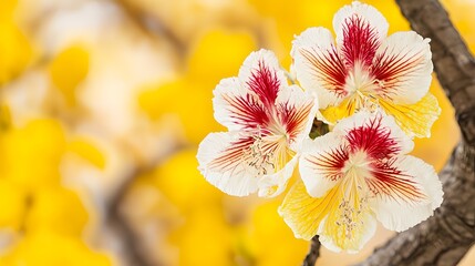 Delicate White and Yellow Orchids with Vibrant Red Markings Among a Background of Yellow Blossoms