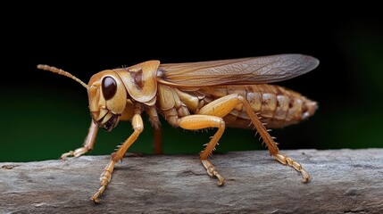 Fototapeta premium Close-up of a light brown grasshopper-like insect on a twig. Detailed view of its segmented body, wings, and legs