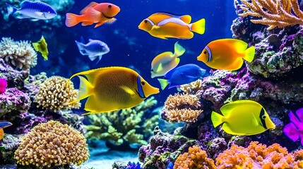 Vibrant Underwater Scene with Colorful Tropical Fish Swimming Among Coral Reef in Ocean