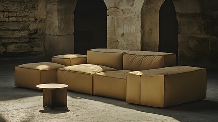 Minimalist Furniture Arrangement in Earthy Tones Within an Industrial Style Interior Space