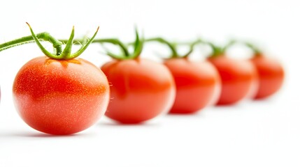 Fresh Red Tomatoes Lined Up in a Row with Green Vines Against a White Background