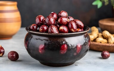 Obraz premium Roasted Red Peanuts in Dark Brown Bowl, Salted Peanuts Snack Food