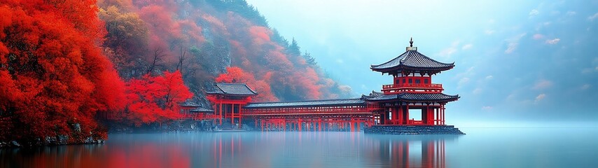 Autumn Temple Lake Serenity.