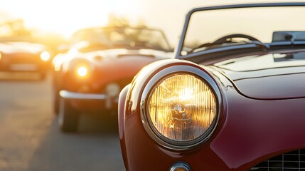 Vintage Red Convertible Cars Parked on a Road at Sunset with Glowing Headlights