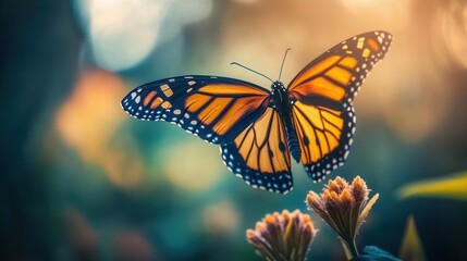 Fototapeta premium Beautiful Monarch Butterfly with Vibrant Orange Wings Fluttering Above Delicate Flowers in Nature