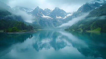 Naklejka premium Serene mountain lake reflecting misty peaks and lush greenery under a cloudy sky at dawn