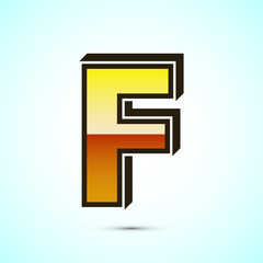 3D English letter F in gold color. Graphic alphabet symbol for corporate business identity
