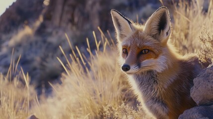 Fototapeta premium Close-Up of a Beautiful Red Fox Observing Its Surroundings in a Desert Landscape