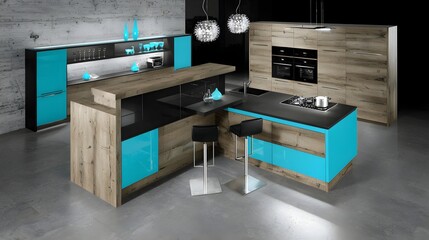 Modern Kitchen Interior Featuring Blue Accents and Sleek Wooden Furniture with Contemporary Design