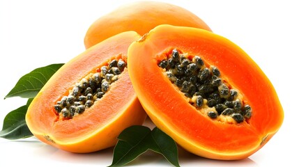 Freshly Sliced Papaya Fruit with Vibrant Orange Flesh and Black Seeds on White Background