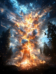Fiery Tower Explosion in a Dark Forest at Night