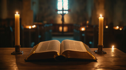  Holy Bible Opened on a Wooden Altar, Accompanied by a Cross and Gentle Candlelight in a Church, Symbolizing Christian Worship, Faith, and Reverence
