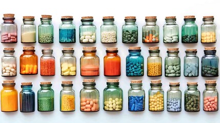 Rows of various colorful pills and capsules in glass bottles