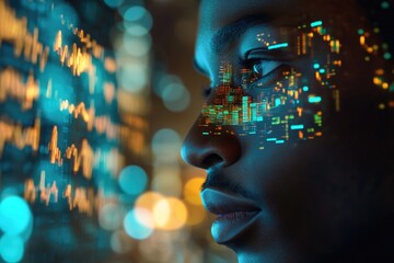 A man's face is overlaid with a futuristic digital display of data streams and stock market information.