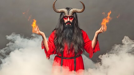 Mysterious Figure in Red Robe with Horns Holding Fire Amidst Smoke Representing Dark Mythology