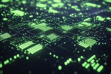A large, flat surface covered with small pixelated patterns in neon green and dark gray, creating a digital texture resembling computer code