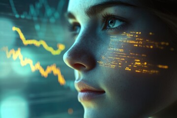 A woman's face overlaid with data streams and stock market charts, symbolizing the intersection of technology and finance.