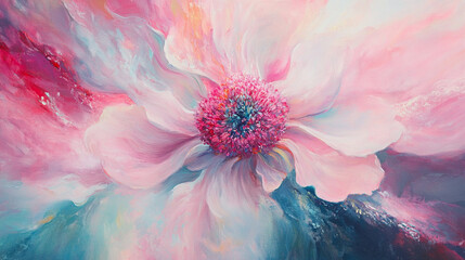 Vibrant abstract painting of a large flower with pink and blue hues, evoking a sense of tranquility