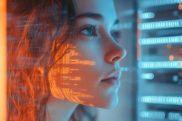 A young woman's face is overlaid with glowing code, symbolizing the fusion of technology and humanity.
