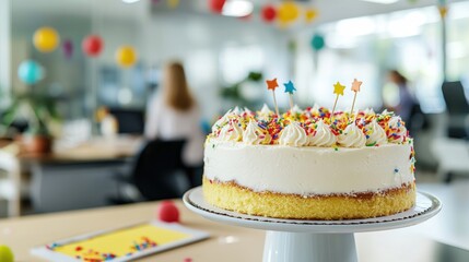 Office farewell with cake and decorations in a workplace setting.