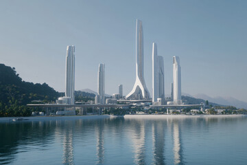 Obraz premium A futuristic city skyline with a large, angular skyscraper on the left, several tall buildings in the center, and a smaller structure on the right.