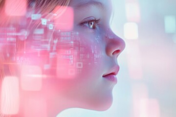 A young girl's profile is overlaid with a futuristic digital interface, symbolizing technology's integration into childhood.
