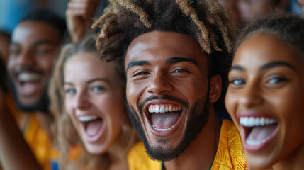 A group of students, mixed race, smiling, laughing, cheering, jumping, holding hands