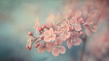 Delicate pink cherry blossoms in soft focus against a dreamy blue background, evoking tranquility
