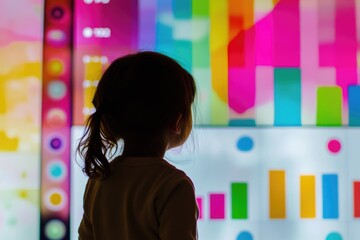 A child's silhouette is seen observing a vibrant, colorful data visualization display.