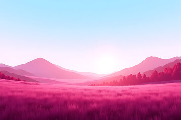 Naklejka premium sweeping aerial view of the vast pink grass field stretching out under a vibrant blue sky, with mountain peaks visible on the horizon