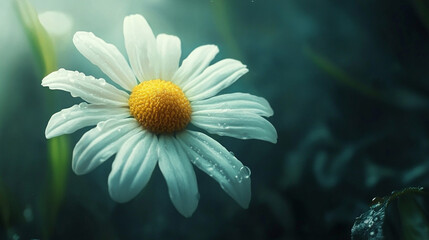 Close-up of a dew-covered daisy flower with vibrant petals and a soft-focus green background