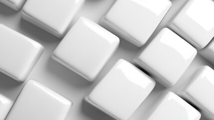 Abstract geometric pattern of many glossy white cubes.  Organized in a staggered, overlapping arrangement.  Clean and modern design