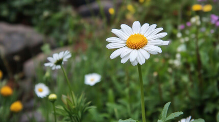 Close-up of a vibrant daisy flower blooming in a lush garden filled with colorful wildflowers