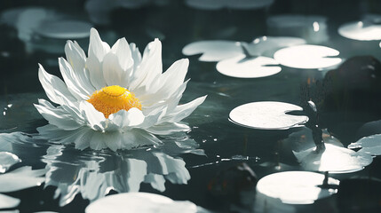 Serene white water lily blooming on calm water surface, surrounded by lily pads in tranquil setting
