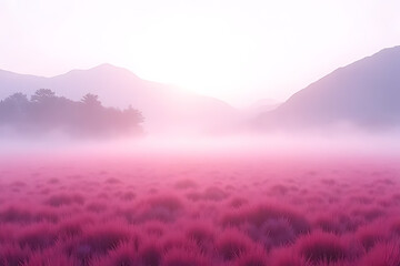 Fototapeta premium A morning mist over the pink grass fields of Da Lat, soft pastel hues blending with the fog and mountains, providing an elegant