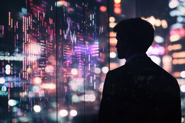 Silhouetted businessman observing futuristic data streams projected onto a city backdrop at night.